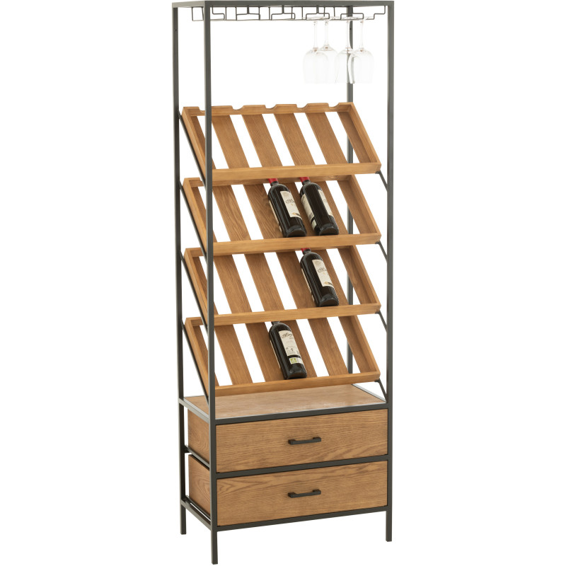 Grand Meuble bar industriel chic 2 tiroirs 4 range-bouteilles en Bois MDF Naturel Métal Noir Wines - 13