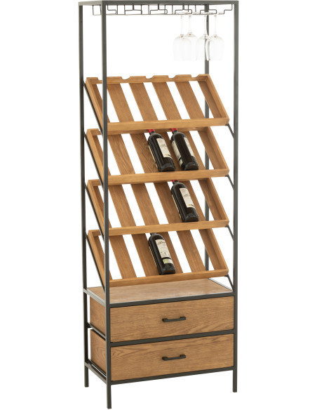 Grand Meuble bar industriel chic 2 tiroirs 4 range-bouteilles en Bois MDF Naturel Métal Noir Wines - 13
