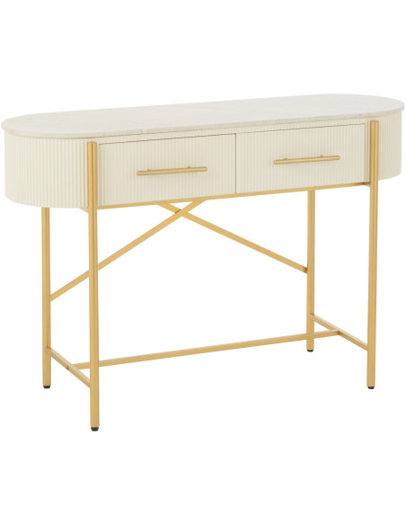 Console moderne chic Ovale 2 tiroirs en Marbre Blanc Bois MDF Métal Doré Wisteria - 1
