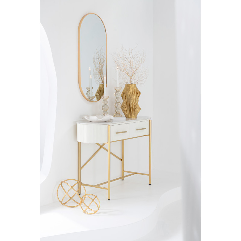 Console moderne chic Ovale 2 tiroirs en Marbre Blanc Bois MDF Métal Doré Wisteria - 2