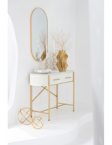 Console moderne chic Ovale 2 tiroirs en Marbre Blanc Bois MDF Métal Doré Wisteria - 2