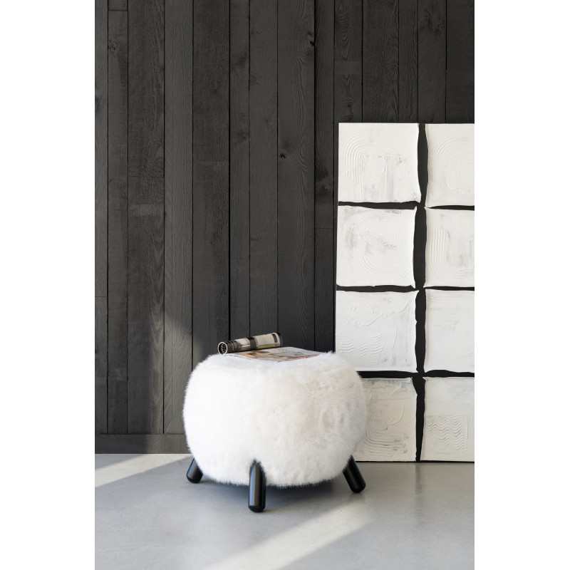 Grand Tabouret scandinave chic poils longs en Bois Noir Tissu Blanc Cocoony - 2