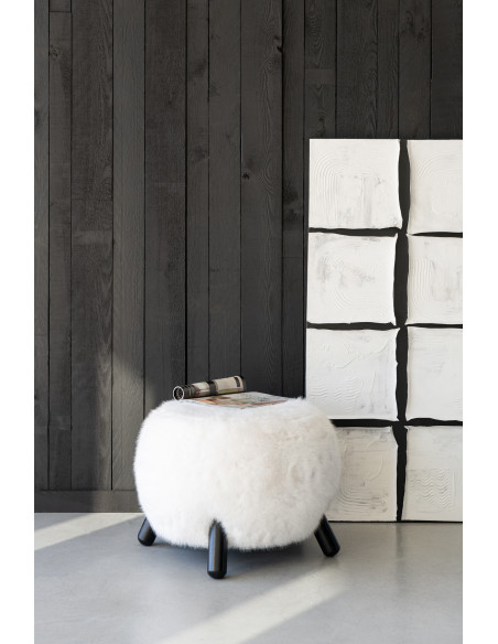 Grand Tabouret scandinave chic poils longs en Bois Noir Tissu Blanc Cocoony - 2