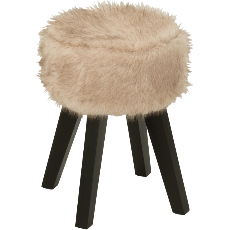 Tabouret scandinave chic poils longs en Bois Noir Tissu Taupe Cocoony - 1