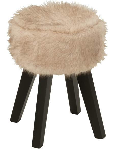 Tabouret scandinave chic poils longs en Bois Noir Tissu Taupe Cocoony - 1