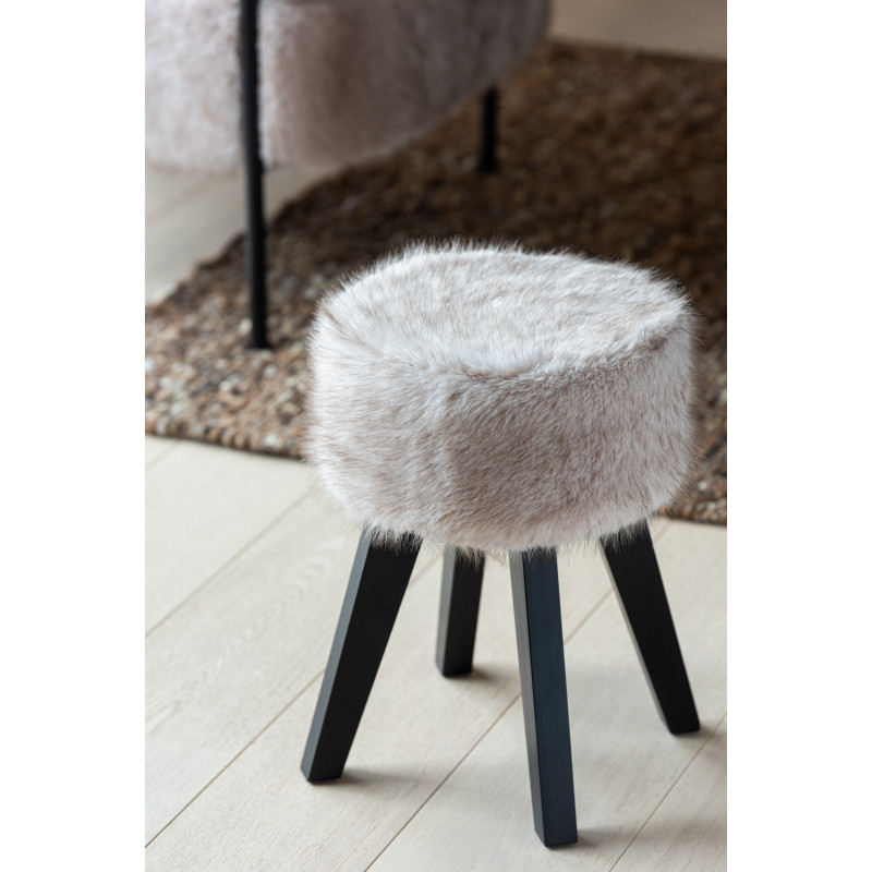 Tabouret scandinave chic poils longs en Bois Noir Tissu Taupe Cocoony - 2