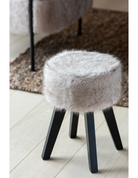 Tabouret scandinave chic poils longs en Bois Noir Tissu Taupe Cocoony - 2