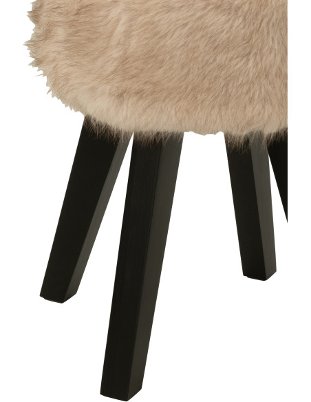Tabouret scandinave chic poils longs en Bois Noir Tissu Taupe Cocoony - 4