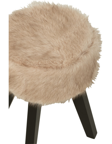 Tabouret scandinave chic poils longs en Bois Noir Tissu Taupe Cocoony - 5