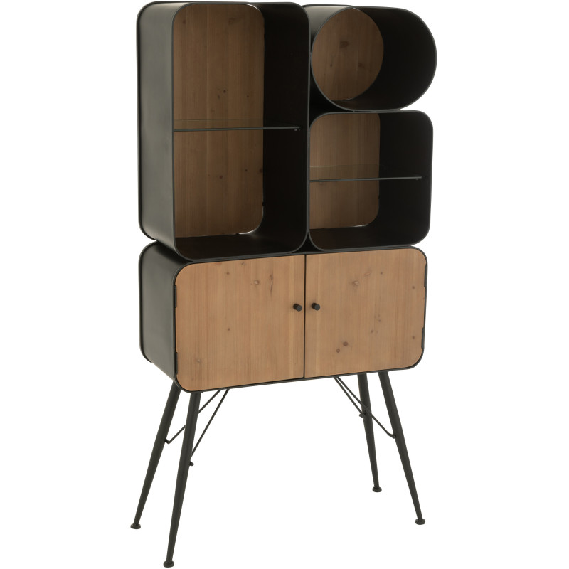 Buffet moderne Haut Arrondi 2 portes 5 étagères en Bois de sapin Naturel Métal Noir Verre Transparent Courchevel - 1