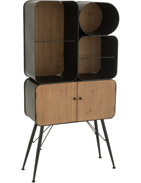 Buffet moderne Haut Arrondi 2 portes 5 étagères en Bois de sapin Naturel Métal Noir Verre Transparent Courchevel - 1