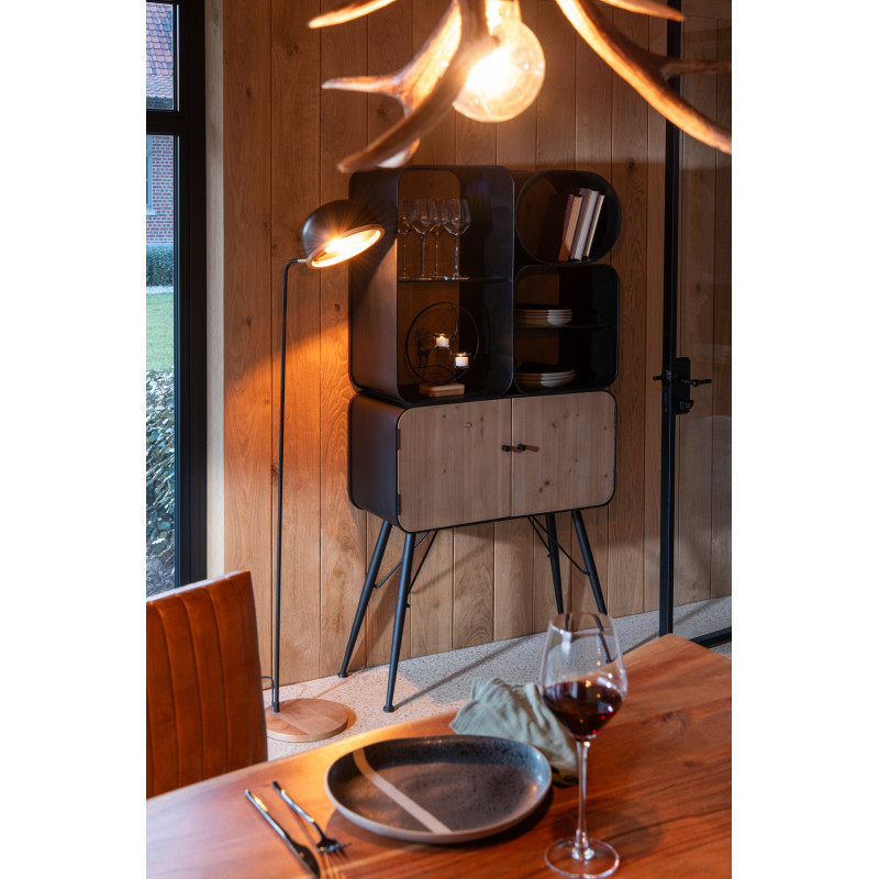 Buffet moderne Haut Arrondi 2 portes 5 étagères en Bois de sapin Naturel Métal Noir Verre Transparent Courchevel - 2