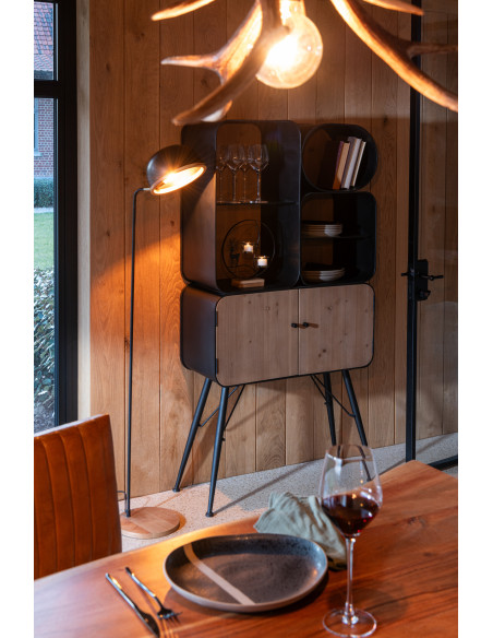 Buffet moderne Haut Arrondi 2 portes 5 étagères en Bois de sapin Naturel Métal Noir Verre Transparent Courchevel - 2