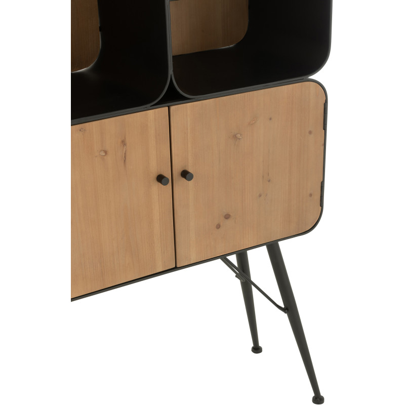 Buffet moderne Haut Arrondi 2 portes 5 étagères en Bois de sapin Naturel Métal Noir Verre Transparent Courchevel - 7