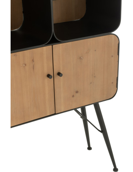 Buffet moderne Haut Arrondi 2 portes 5 étagères en Bois de sapin Naturel Métal Noir Verre Transparent Courchevel - 7