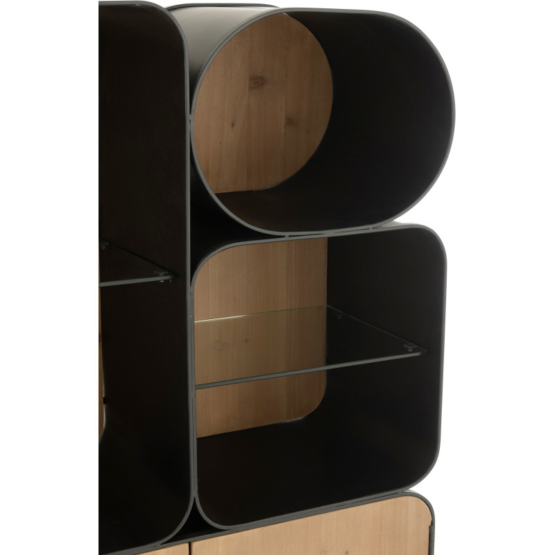 Buffet moderne Haut Arrondi 2 portes 5 étagères en Bois de sapin Naturel Métal Noir Verre Transparent Courchevel - 8
