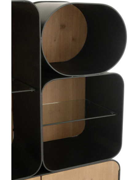 Buffet moderne Haut Arrondi 2 portes 5 étagères en Bois de sapin Naturel Métal Noir Verre Transparent Courchevel - 8