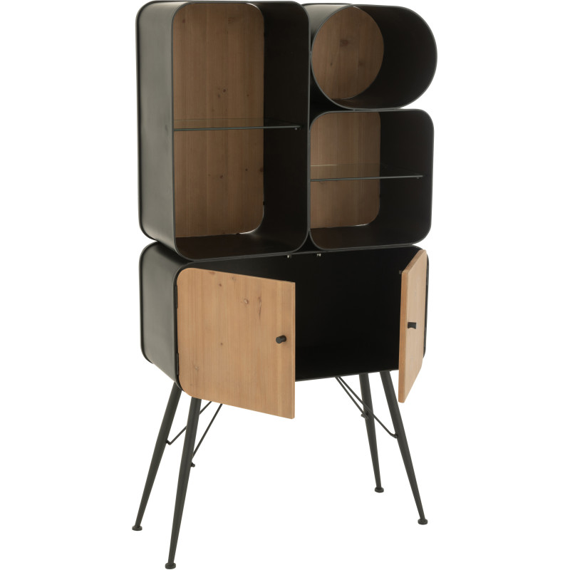 Buffet moderne Haut Arrondi 2 portes 5 étagères en Bois de sapin Naturel Métal Noir Verre Transparent Courchevel - 10