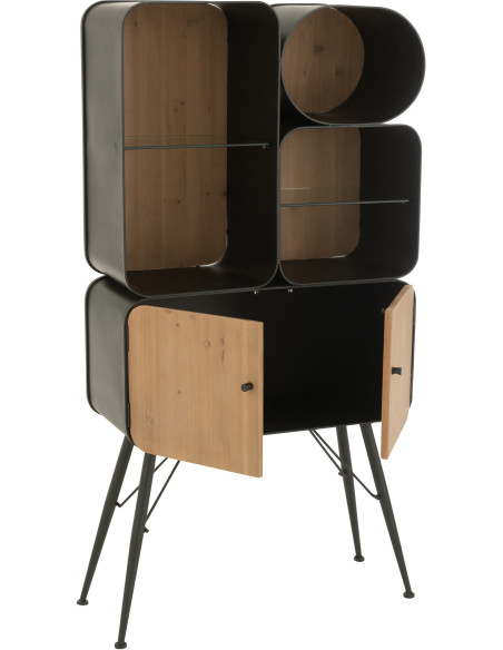 Buffet moderne Haut Arrondi 2 portes 5 étagères en Bois de sapin Naturel Métal Noir Verre Transparent Courchevel - 10