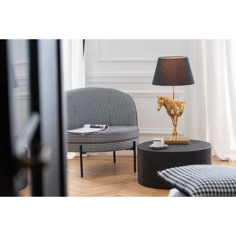 Fauteuil moderne chic Rond en Tissu Blanc Noir Motif pied de poule Métal Noir Basir - 2