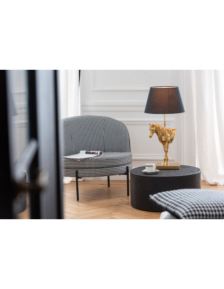 Fauteuil moderne chic Rond en Tissu Blanc Noir Motif pied de poule Métal Noir Basir - 2