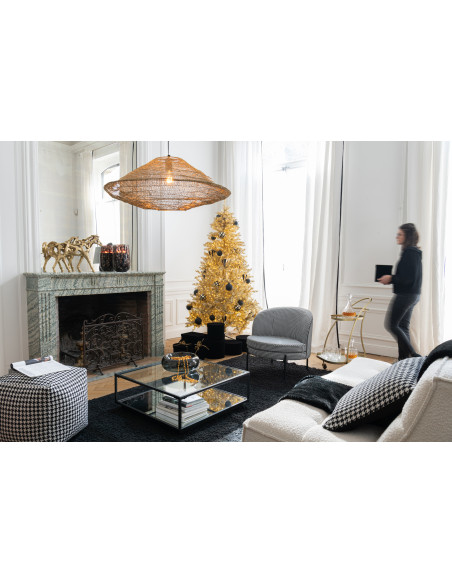 Fauteuil moderne chic Rond en Tissu Blanc Noir Motif pied de poule Métal Noir Basir - 9