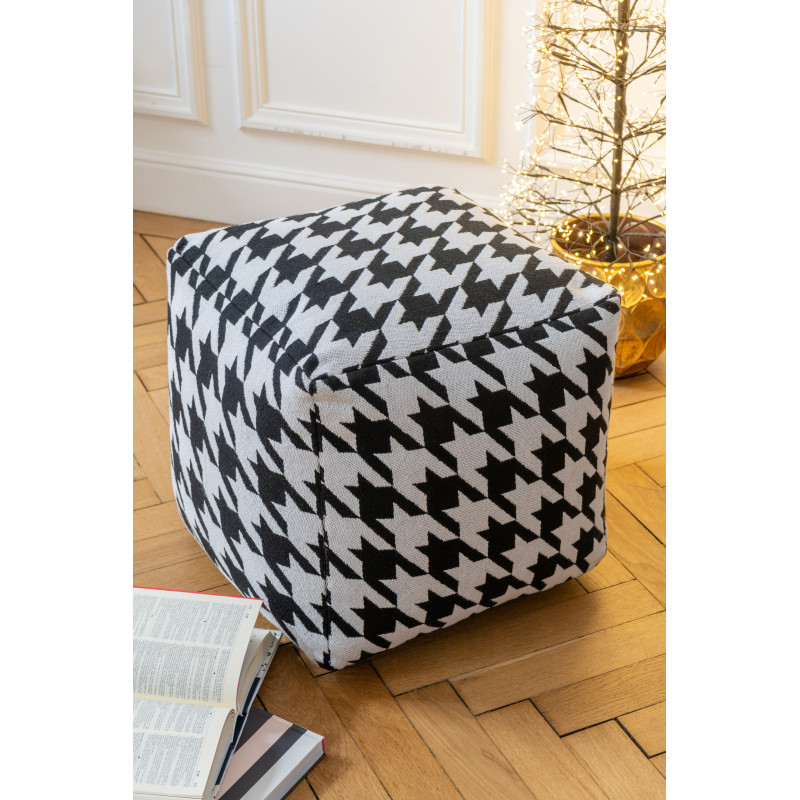 Pouf moderne chic Carré en Coton Noir Blanc Motif pied de poule large Houndstooth - 2