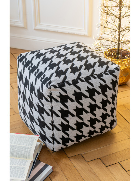 Pouf moderne chic Carré en Coton Noir Blanc Motif pied de poule large Houndstooth - 2
