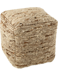 Pouf scandinave chic Carré en Laine Marron Blanc écru Motif tissé Woolly J-Line - 1