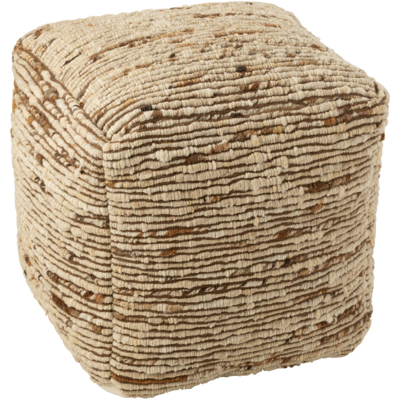 Pouf scandinave chic Carré en Laine Marron Blanc écru Motif tissé Woolly J-Line - 1