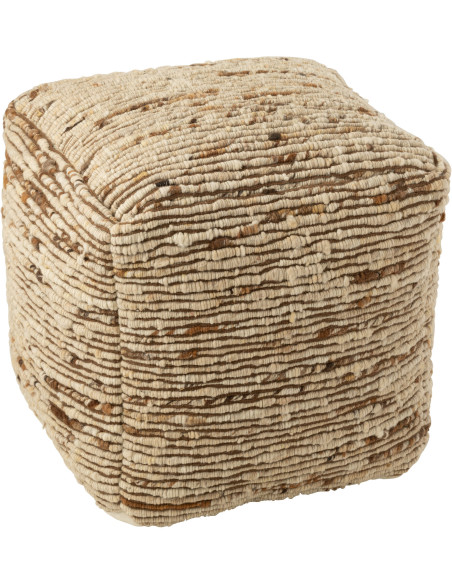 Pouf scandinave chic Carré en Laine Marron Blanc écru Motif tissé Woolly J-Line - 1