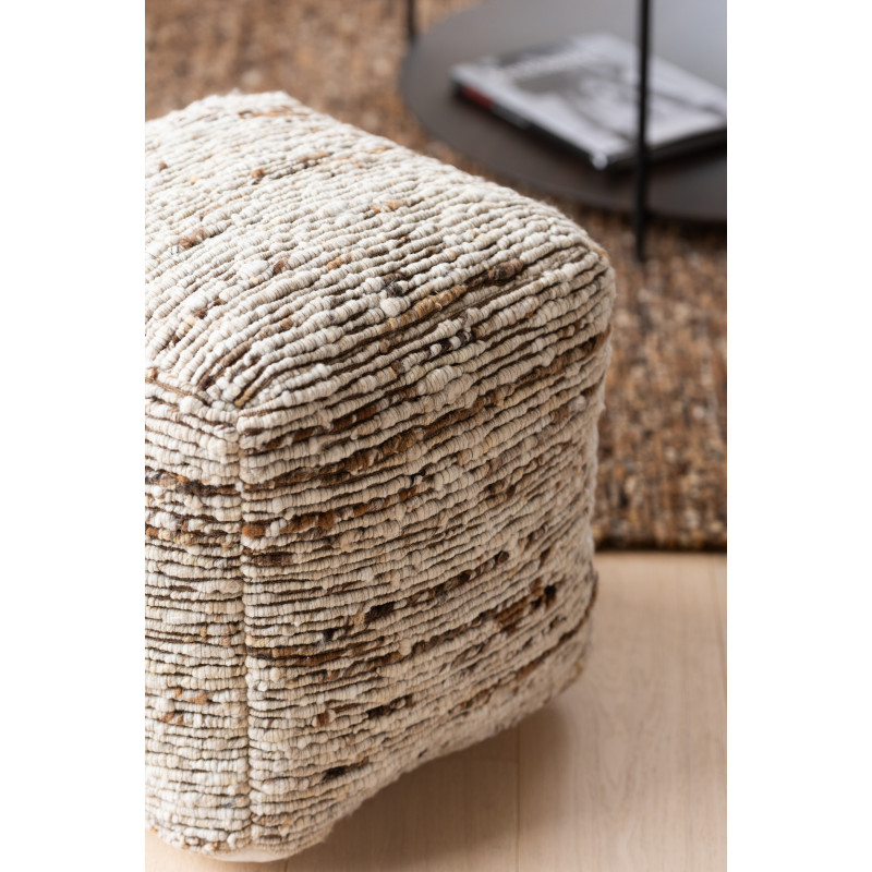 Pouf scandinave chic Carré en Laine Marron Blanc écru Motif tissé Woolly J-Line - 2