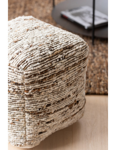 Pouf scandinave chic Carré en Laine Marron Blanc écru Motif tissé Woolly J-Line - 2