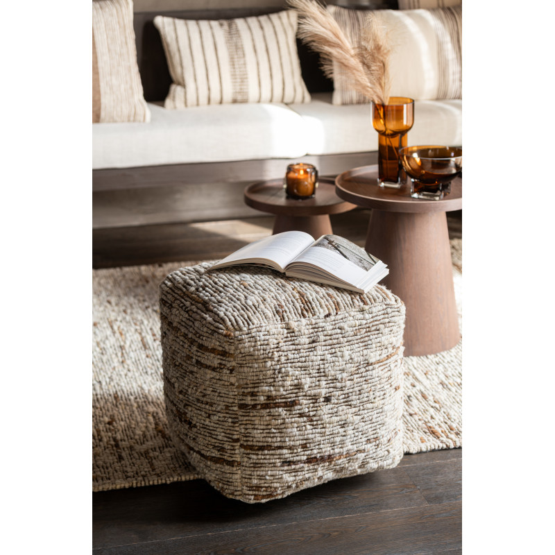 Pouf scandinave chic Carré en Laine Marron Blanc écru Motif tissé Woolly J-Line - 5