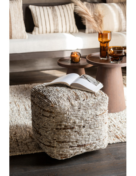 Pouf scandinave chic Carré en Laine Marron Blanc écru Motif tissé Woolly J-Line - 5