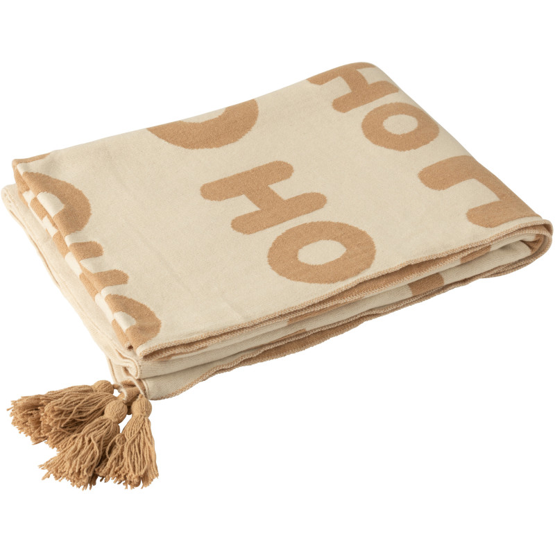 Plaid de Noël 130x170 en Tissu Blanc Beige Avec pompons Hohoho - 1