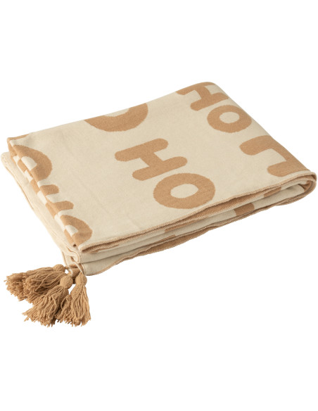 Plaid de Noël 130x170 en Tissu Blanc Beige Avec pompons Hohoho - 1
