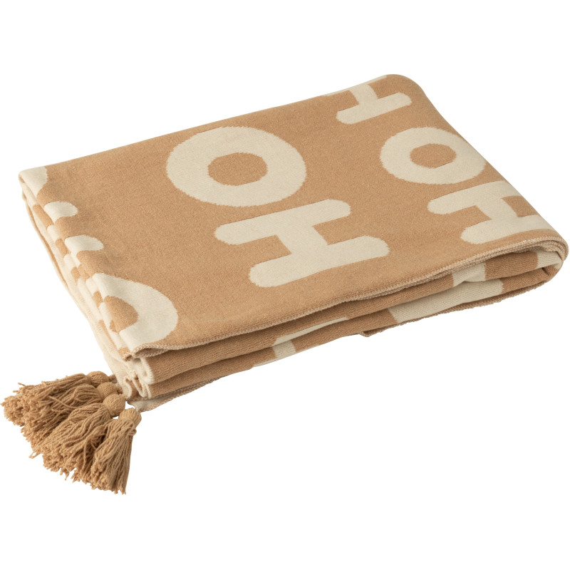 Plaid de Noël 130x170 en Tissu Blanc Beige Avec pompons Hohoho - 2