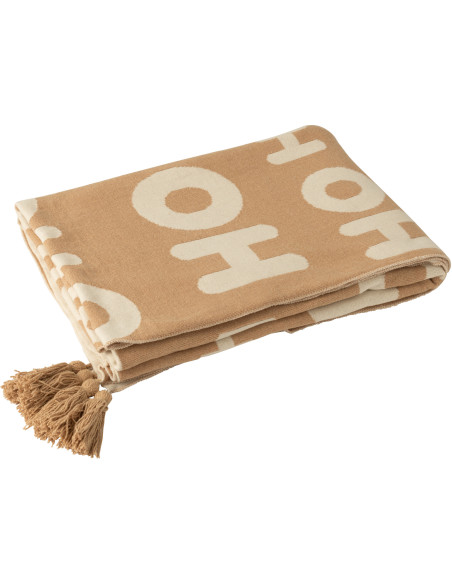 Plaid de Noël 130x170 en Tissu Blanc Beige Avec pompons Hohoho - 2