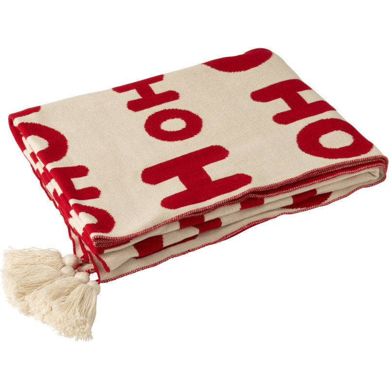 Plaid de Noël 130x170 en Tissu Rouge Blanc Avec pompons Hohoho - 1