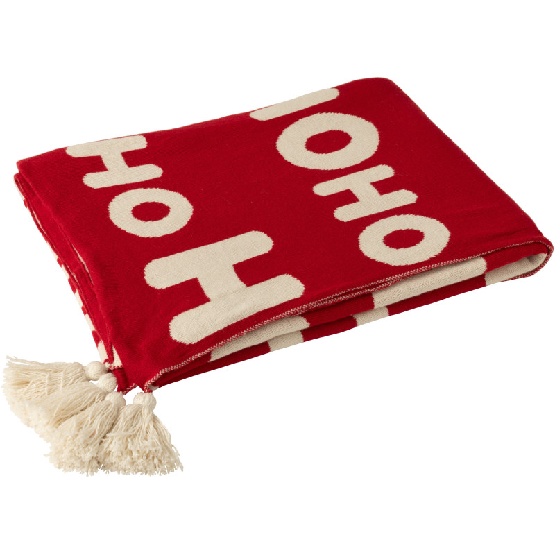 Plaid de Noël 130x170 en Tissu Rouge Blanc Avec pompons Hohoho - 2