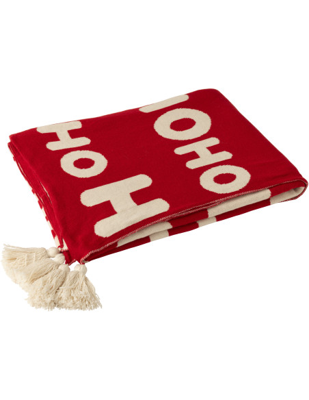 Plaid de Noël 130x170 en Tissu Rouge Blanc Avec pompons Hohoho - 2