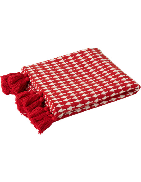 Plaid original moderne 130x180 en Coton Rouge Blanc Avec pompons Motif sapins de Noël Nordora - 1