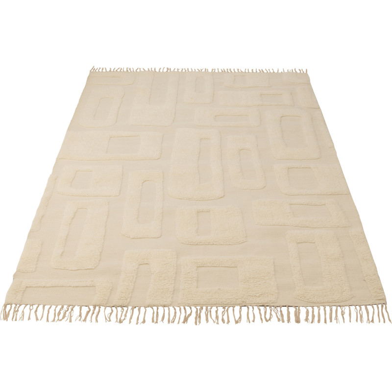 Grand Tapis moderne relief avec franges Rectangulaire 200x300 en Laine Blanc ivoire Tufté Motif géométrique Nivora - 1