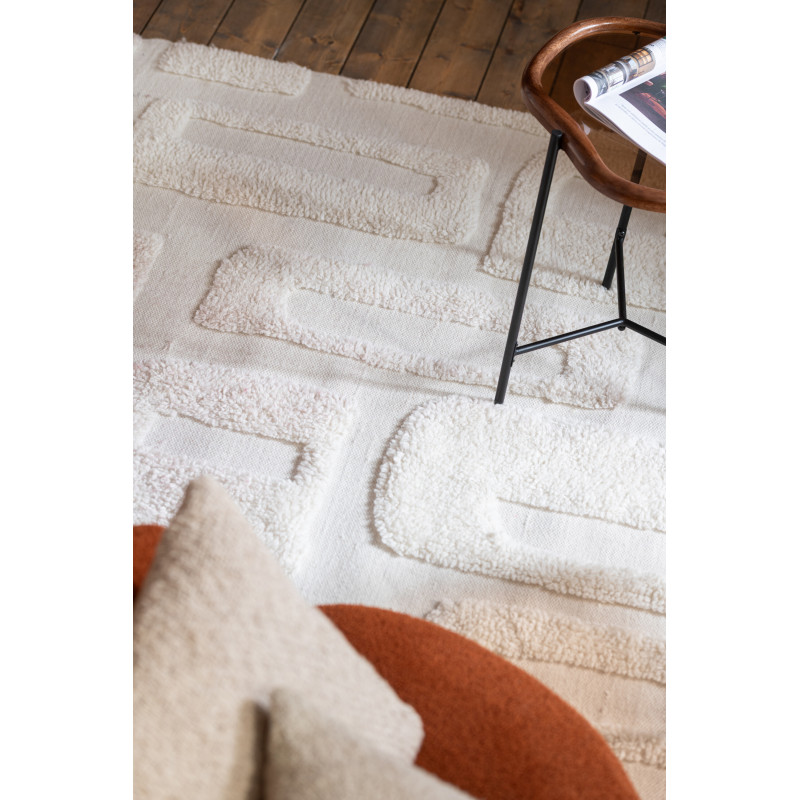 Grand Tapis moderne relief avec franges Rectangulaire 200x300 en Laine Blanc ivoire Tufté Motif géométrique Nivora - 4