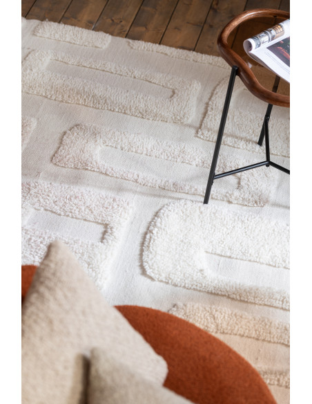 Grand Tapis moderne relief avec franges Rectangulaire 200x300 en Laine Blanc ivoire Tufté Motif géométrique Nivora - 4