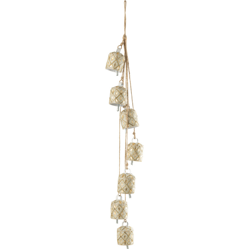 Suspension décorative bohème orientale 7 cloches en Métal Blanc Perle Doré Pyris - 1