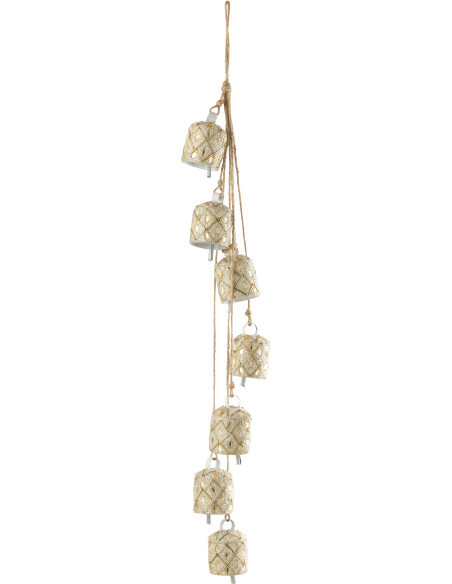 Suspension décorative bohème orientale 7 cloches en Métal Blanc Perle Doré Pyris - 1