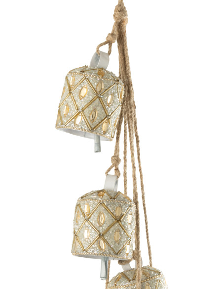 Suspension décorative bohème orientale 7 cloches en Métal Blanc Perle Doré Pyris - 2