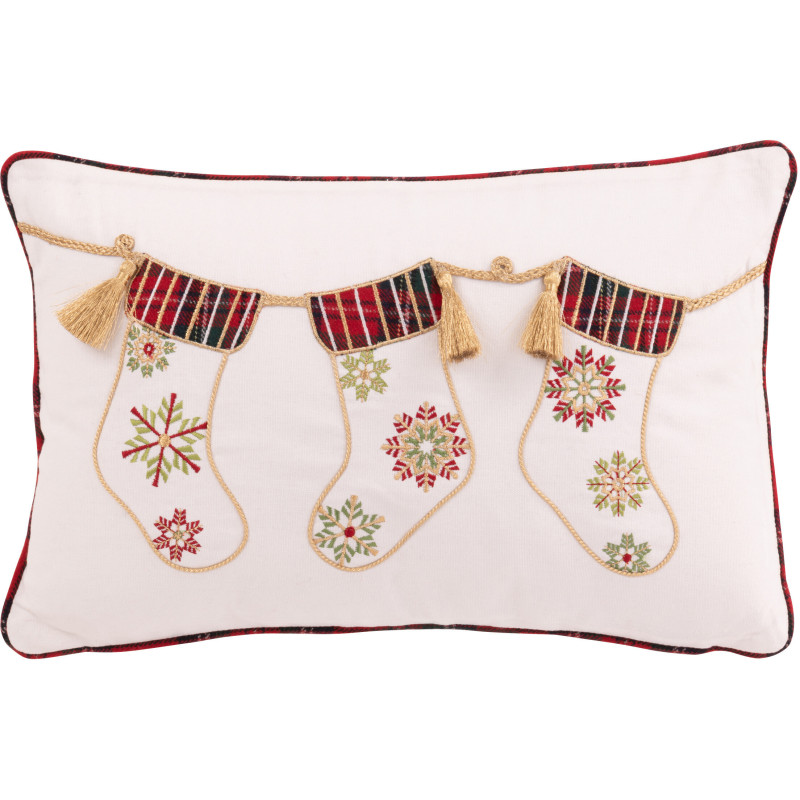 Coussin original Rectangulaire 45x30 en Coton Blanc Rouge Motif chaussettes de Noël Jollyvia - 1